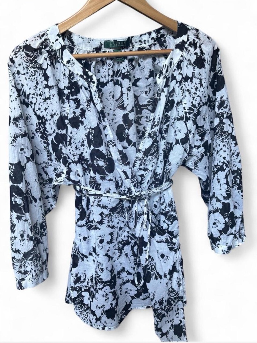 Lauren Ralph Lauren Navy Floral Tie-Waist Tunic on Light Blue